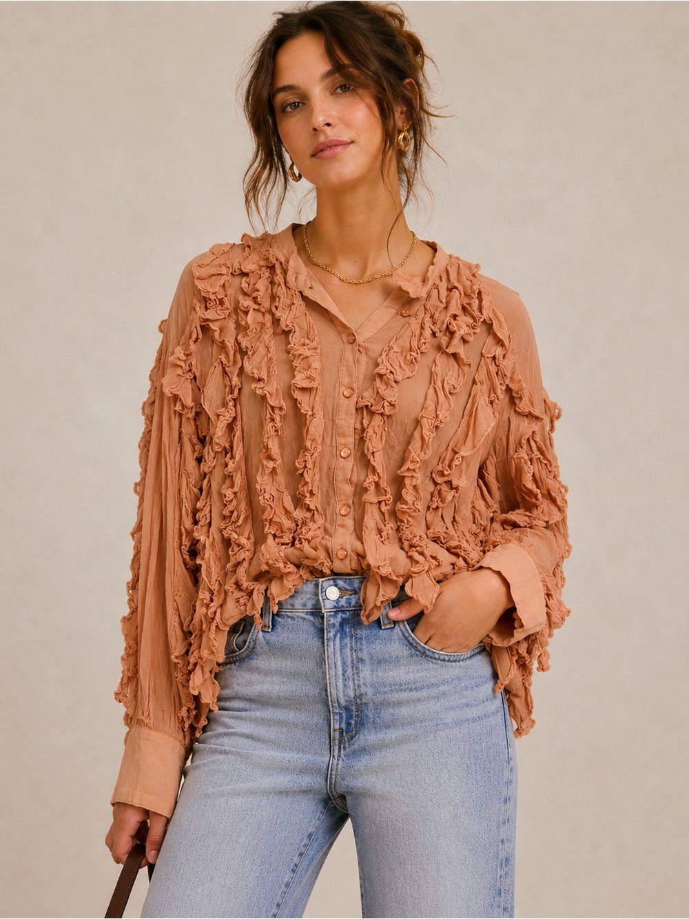 Anthropologie Ruffle Button Front Blouse Size Medium Romantic Boho